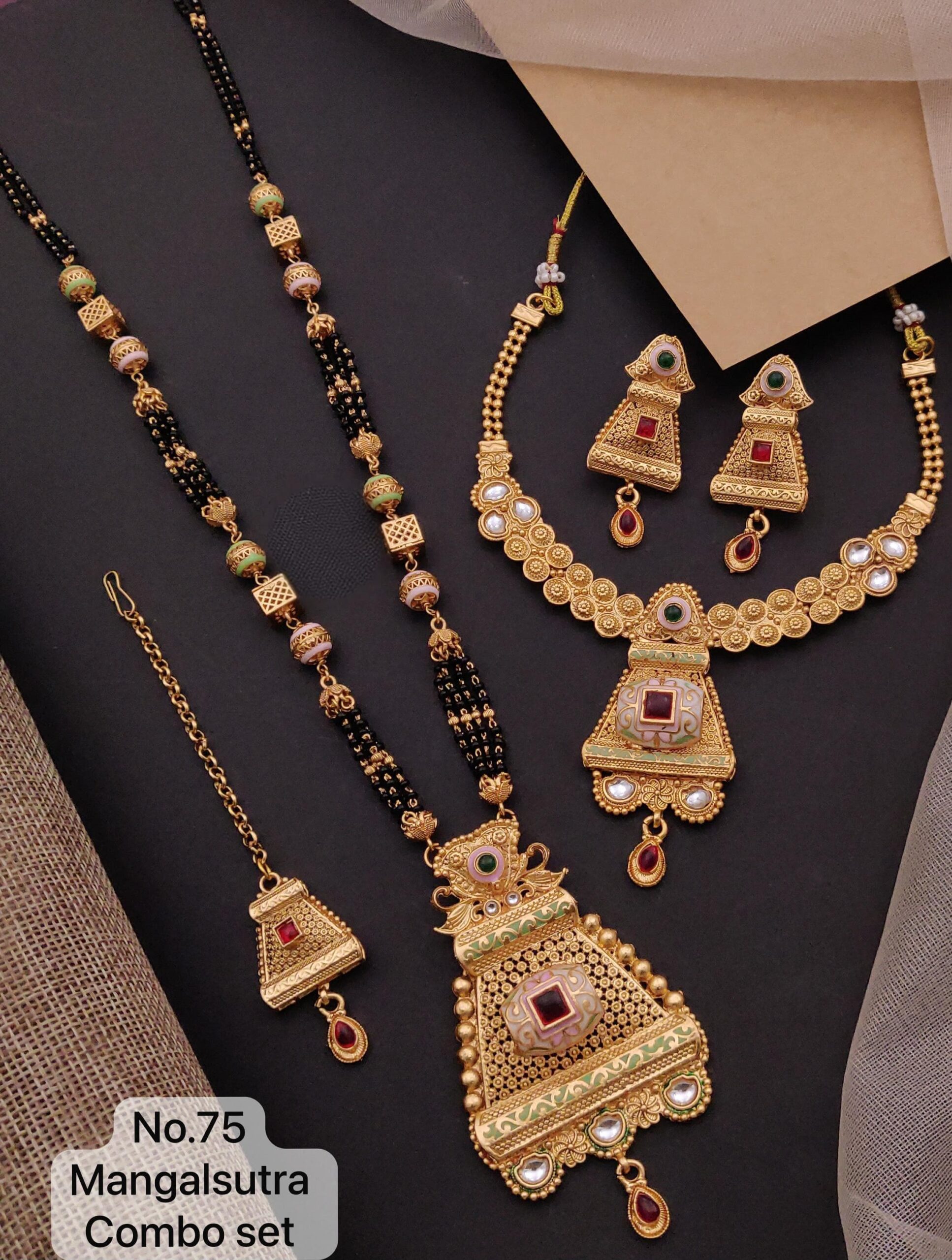 Premium Rajwadi Mangalsutra Combo Set No.75 | Antique Gold Finish | Royal Temple-Inspired Design 🖤💛💎