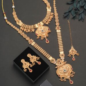 Royal Matte Finish Mangalsutra Combo Set | Traditional Temple Design 💛 | Necklace, Long Chain, Earrings & Maang Tikka