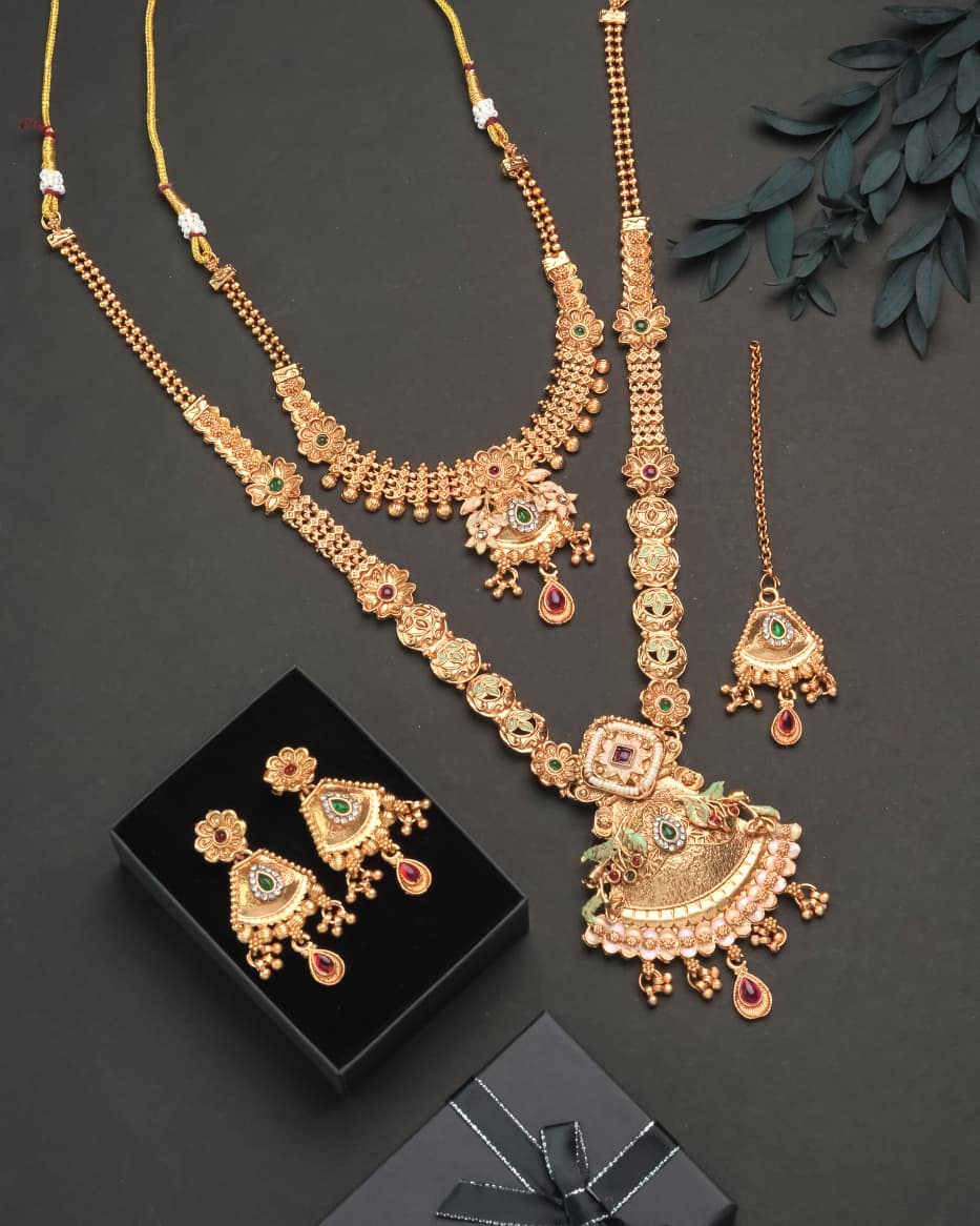 Premium Matte Finish Mangalsutra Combo Set | Royal Temple Design 💛 | Necklace, Long Chain, Earrings & Maang Tikka