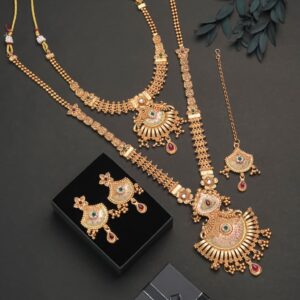 Heritage Peacock Aura Mangalsutra Combo Set | Matte Antique Gold Finish 💛 | Necklace, Long Chain, Earrings & Maang Tikka