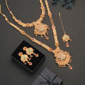 Royal Floral Peacock Mangalsutra Combo Set | Antique Matte Gold Finish 🌸 | Necklace, Long Chain, Earrings & Maang Tikka