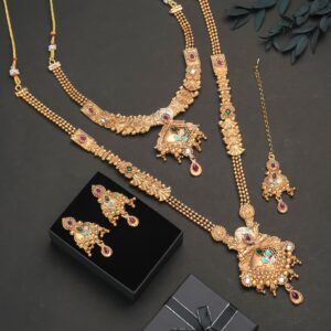 Elegant Peacock Motif Temple Mangalsutra Combo Set | Antique Gold Finish 💛