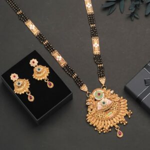 Classic Temple Style Black Beads Mangalsutra Set with Earrings | Antique Gold Finish 💛