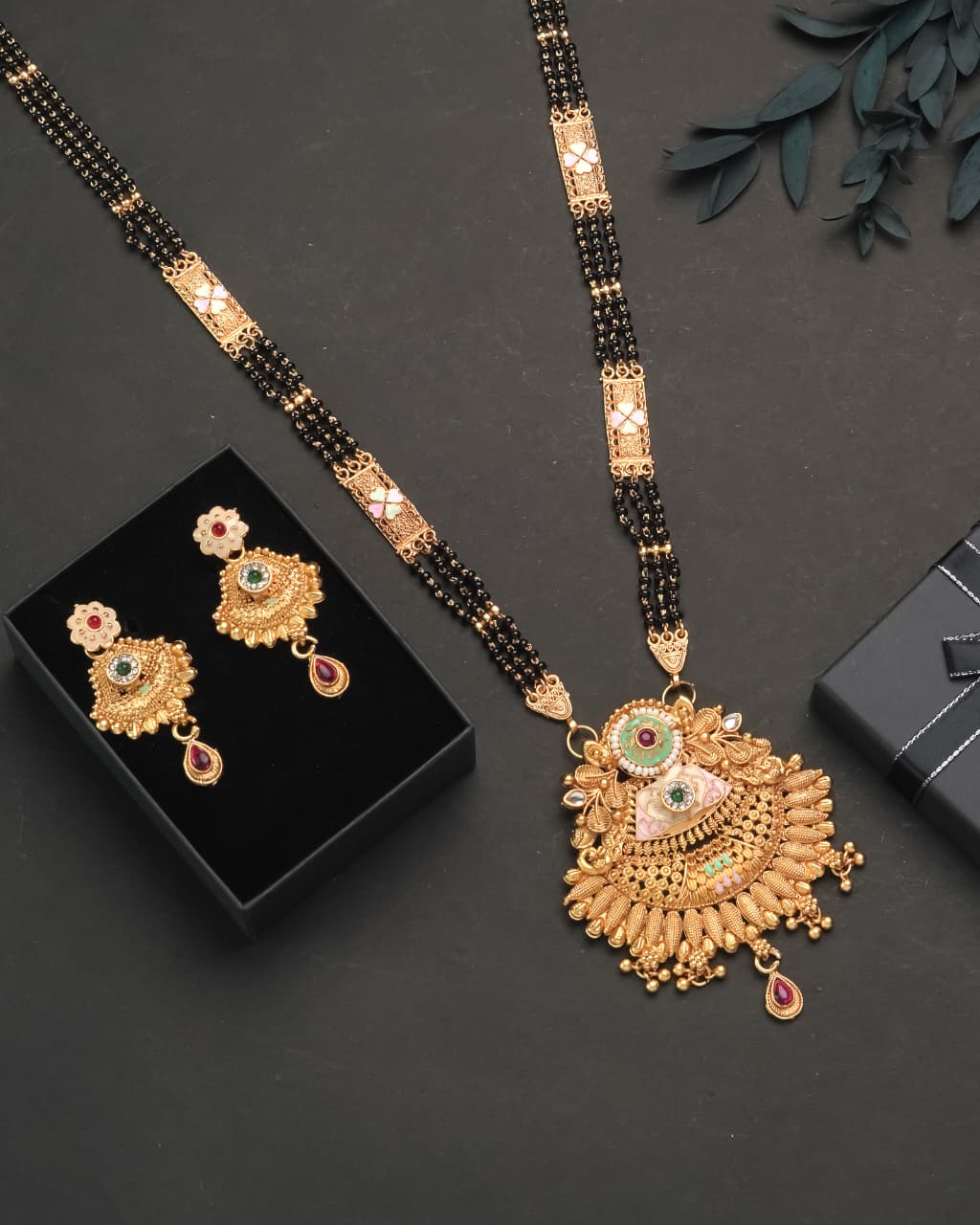 Classic Temple Style Black Beads Mangalsutra Set with Earrings | Antique Gold Finish π