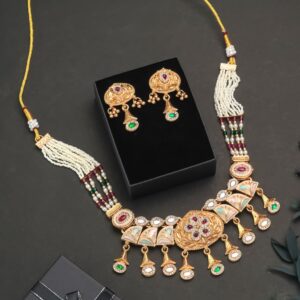 Royal Temple Pearl Necklace Set | Antique Gold Finish | Ruby & Emerald Stone Elegance 💛💎