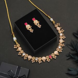 Traditional Gold-Tone Temple Coin Necklace Set with Ruby Accents & Earrings 💛