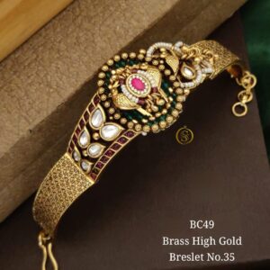 👑 Antique Temple Peacock Motif Bracelet 👑 💛 Brass High Gold Finish Bracelet with Kundan, Ruby & Emerald Accents 💛
