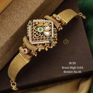 👑 Antique Temple Square Motif Bracelet 👑 💛 Brass High Gold Bracelet with Kundan, Ruby & Emerald Accents 💛